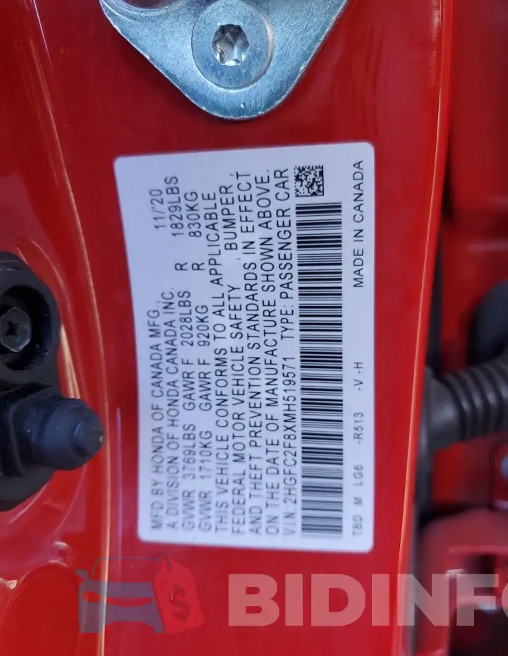 2HGFC2F8XMH519571 Photo# 12