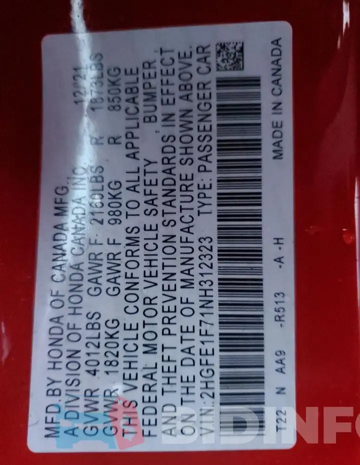 2HGFE1F71NH312323 Photo# 12