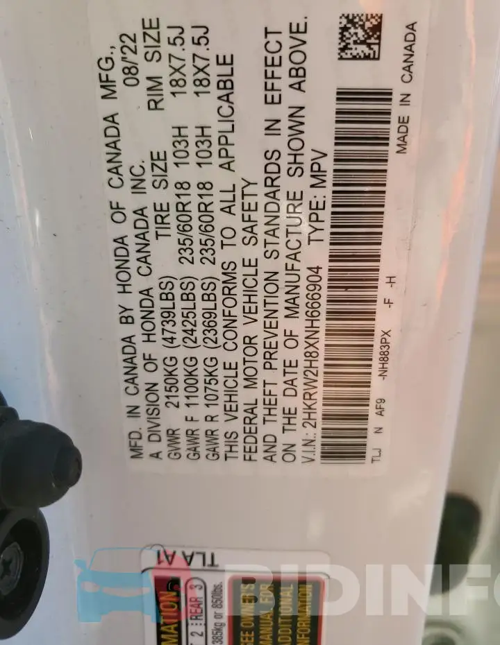 2HKRW2H8XNH666904 Photo# 14