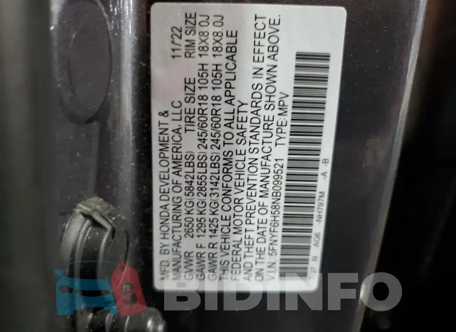 5FNYF6H58NB099521 Photo# 13