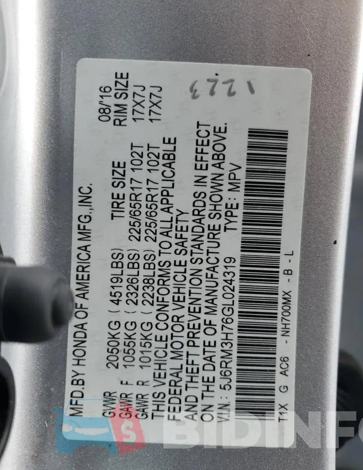 5J6RM3H76GL024319 Photo# 14