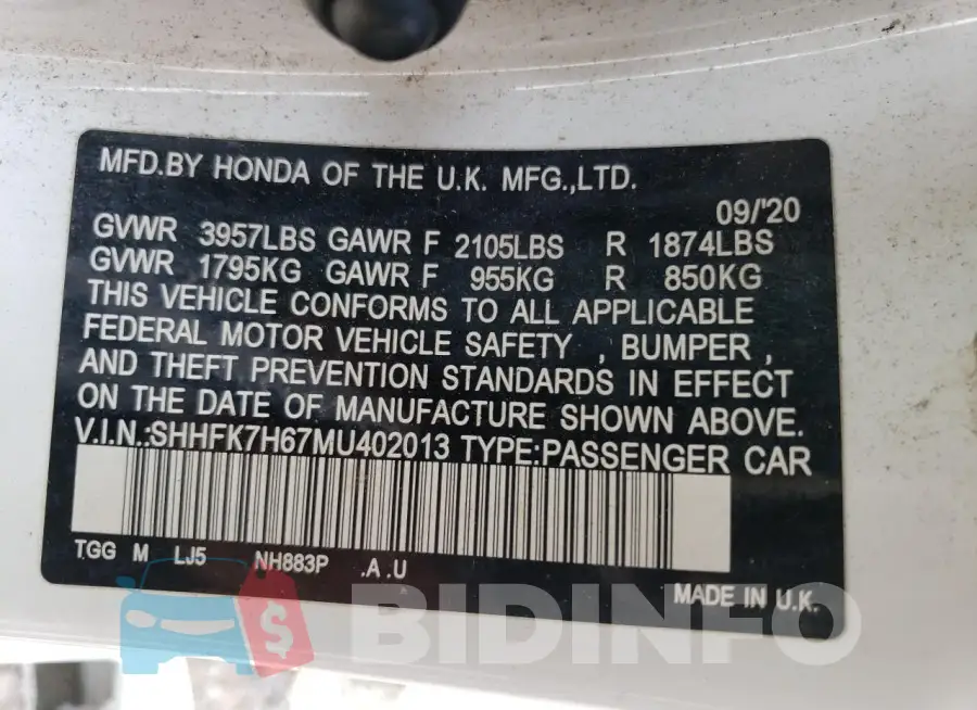SHHFK7H67MU402013 Photo# 13