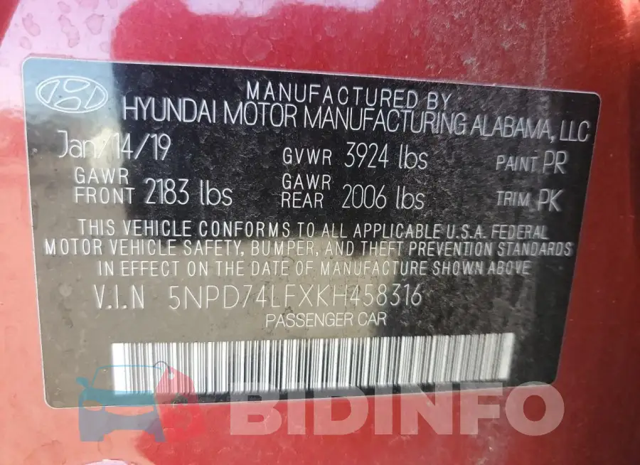 5NPD74LFXKH458316 Photo# 13