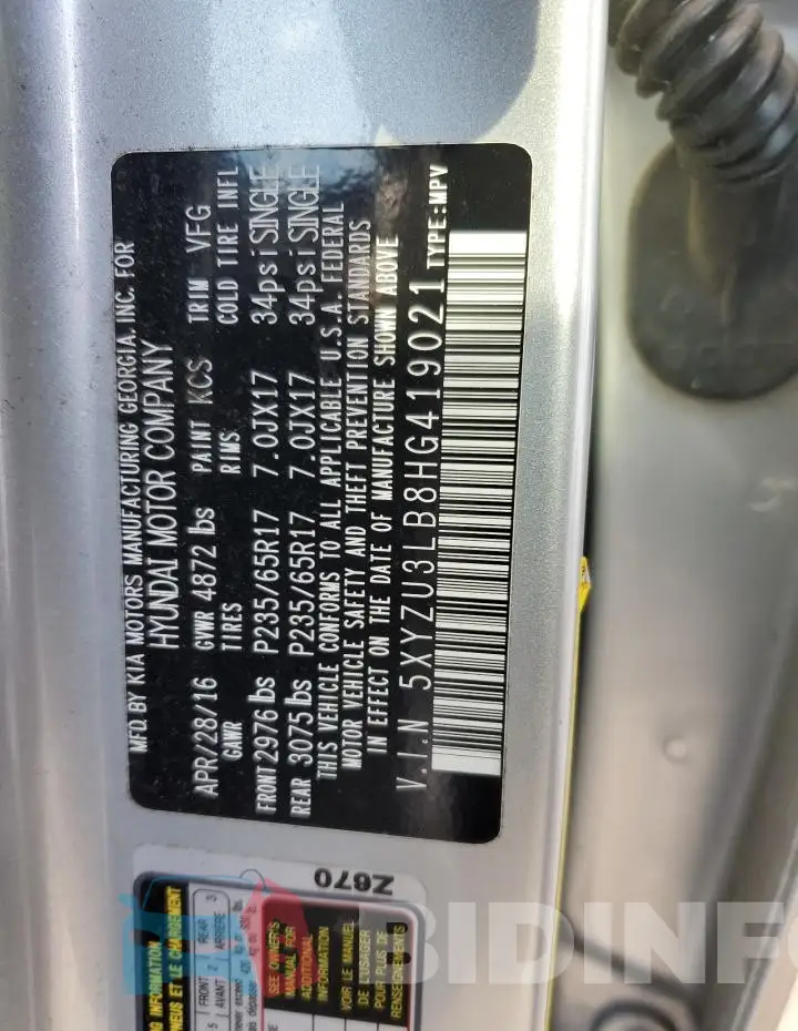 5XYZU3LB8HG419021 Photo# 12
