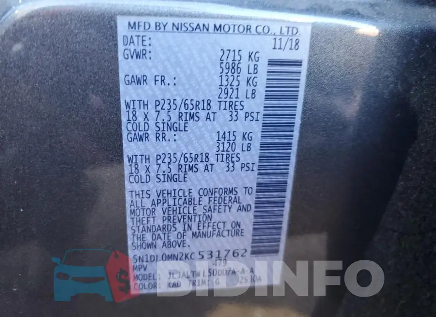 5N1DL0MN2KC531762 Photo# 13