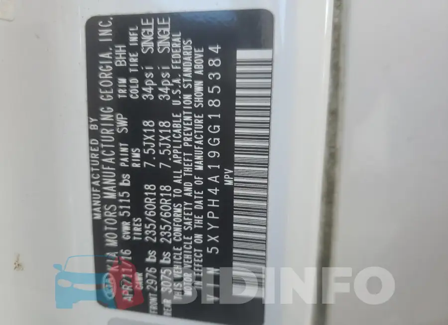 5XYPH4A19GG185384 Photo# 14