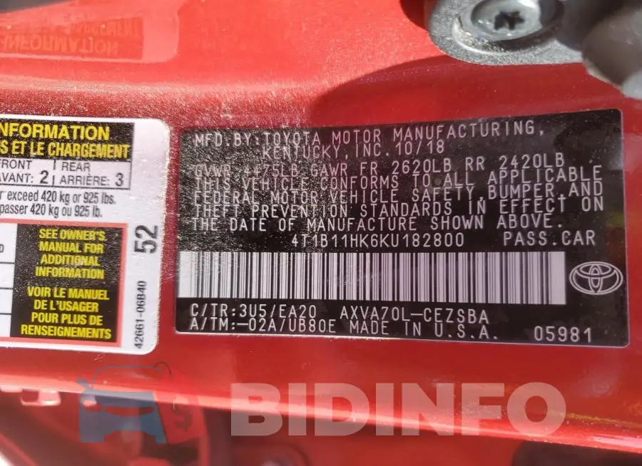 4T1B11HK6KU182800 Photo# 13