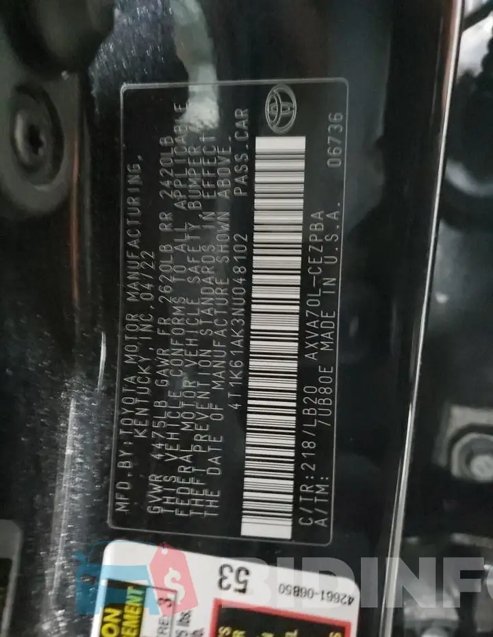 4T1K61AK3NU048102 Photo# 13