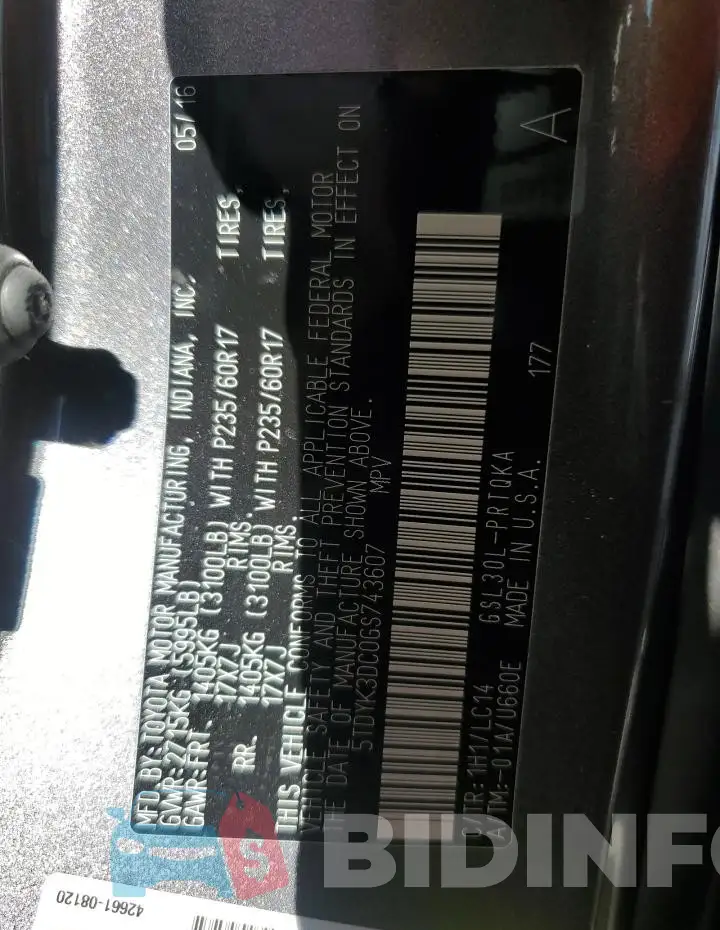 5TDYK3DC0GS743607 Photo# 13