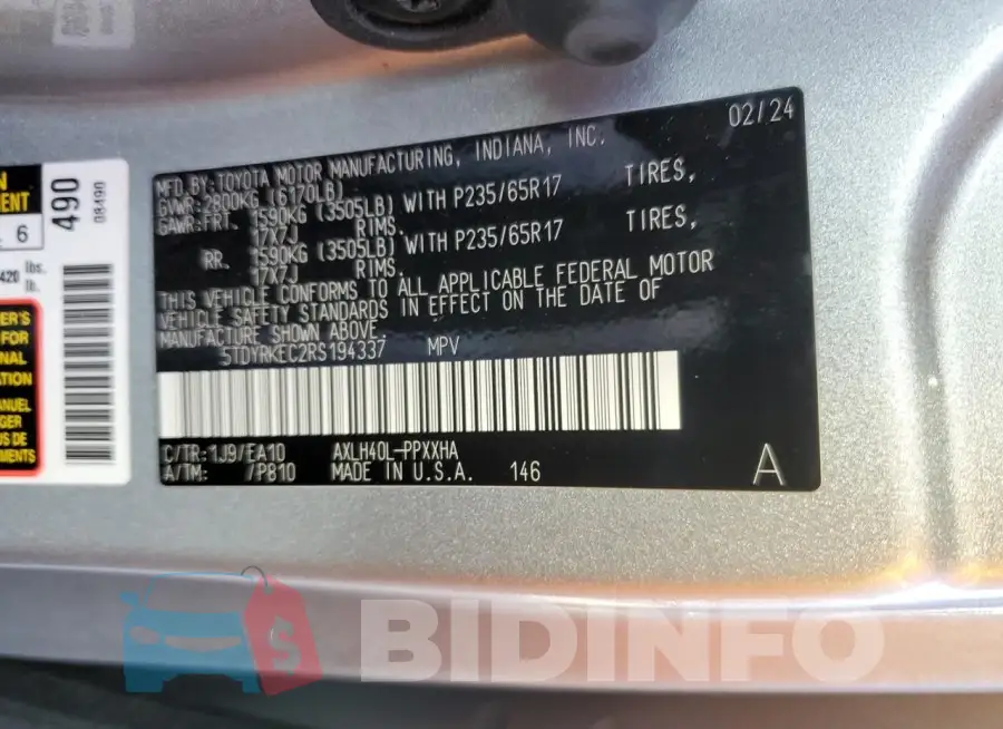 5TDYRKEC2RS194337 Photo# 13