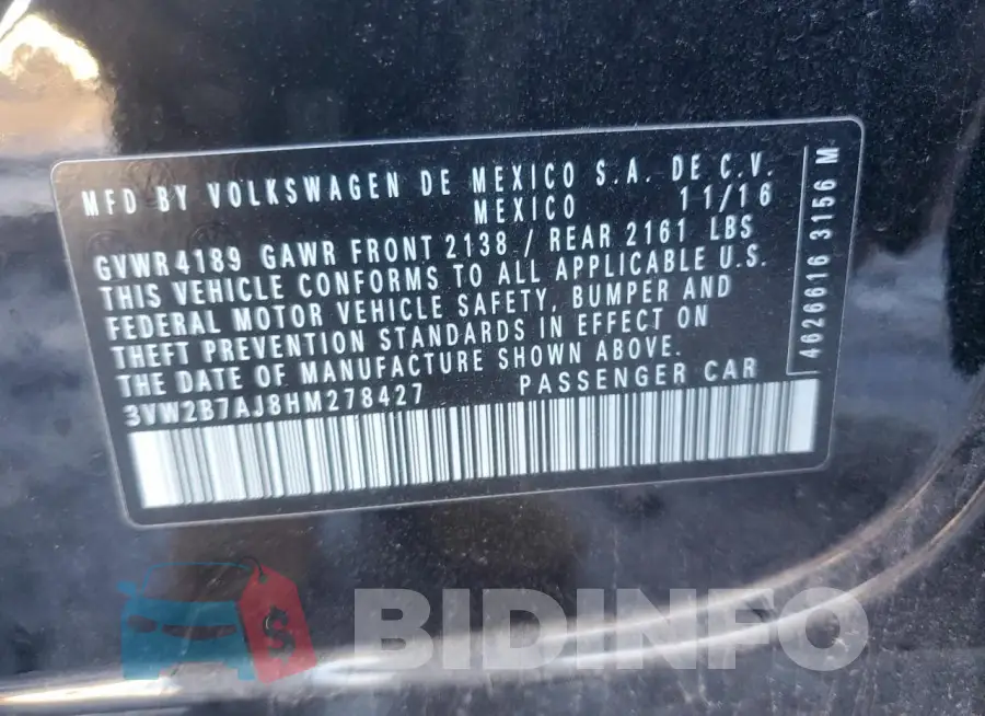 3VW2B7AJ8HM278427 Photo# 12