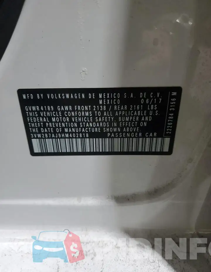 3VW2B7AJ9HM402818 Photo# 12