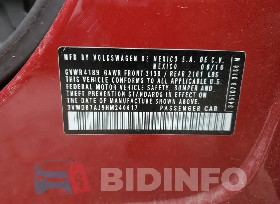 3VWDB7AJ9HM240617 Photo# 12