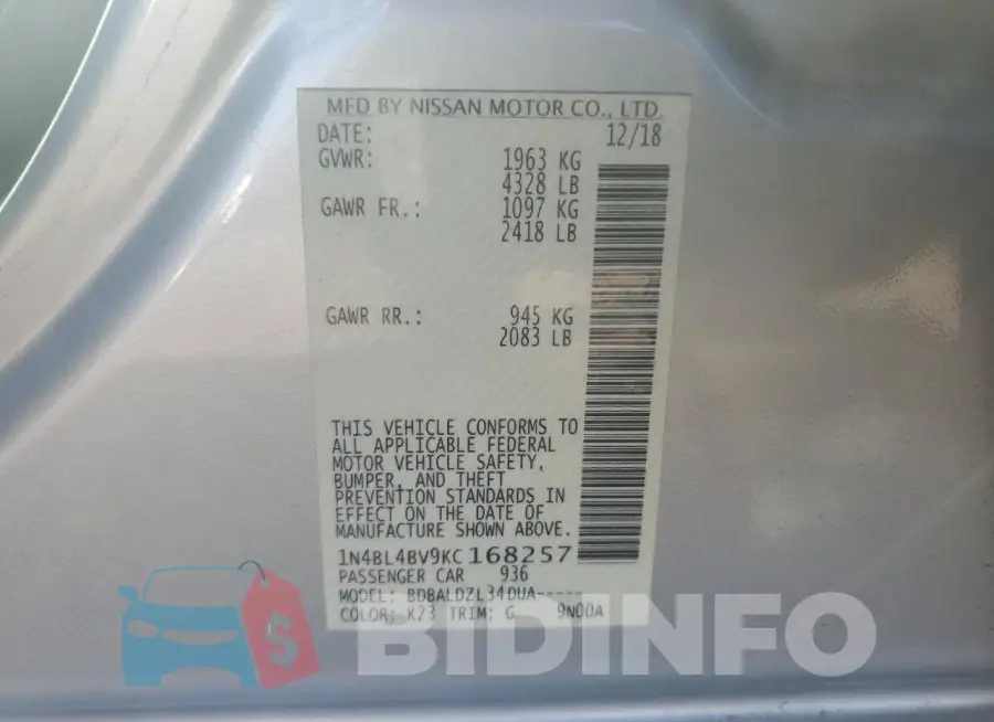 1N4BL4BV9KC168257 Photo# 12