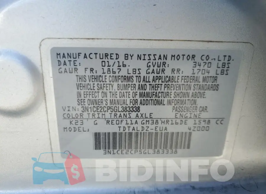 3N1CE2CP5GL383338 Photo# 14