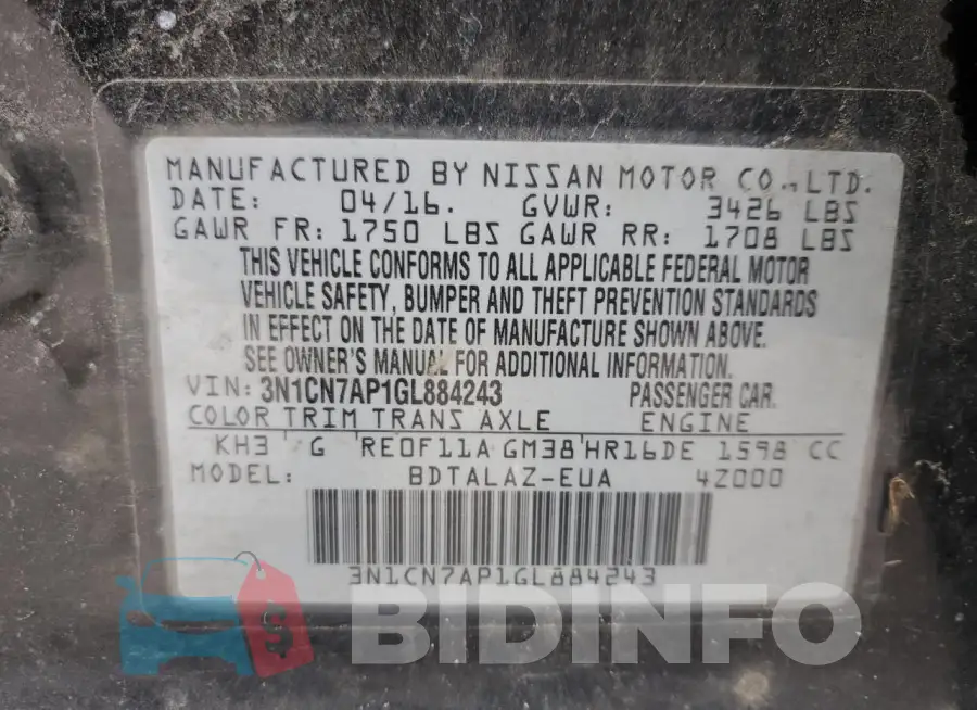 3N1CN7AP1GL884243 Photo# 12