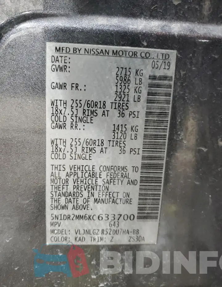 5N1DR2MM6KC633700 Photo# 14