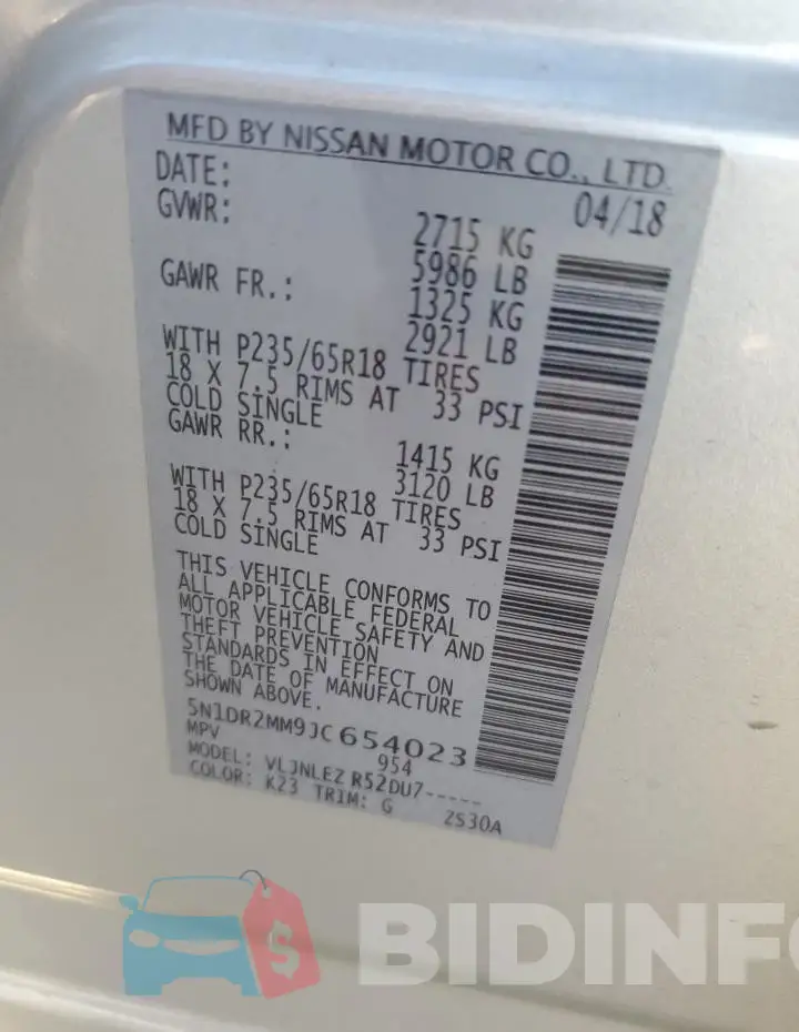 5N1DR2MM9JC654023 Photo# 13