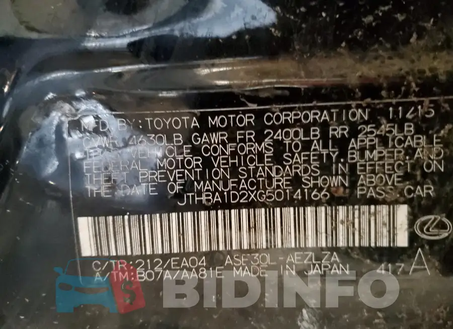 JTHBA1D2XG5014166 Photo# 12