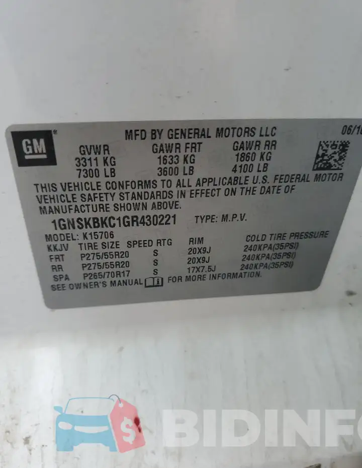 1GNSKBKC1GR430221 Photo# 13