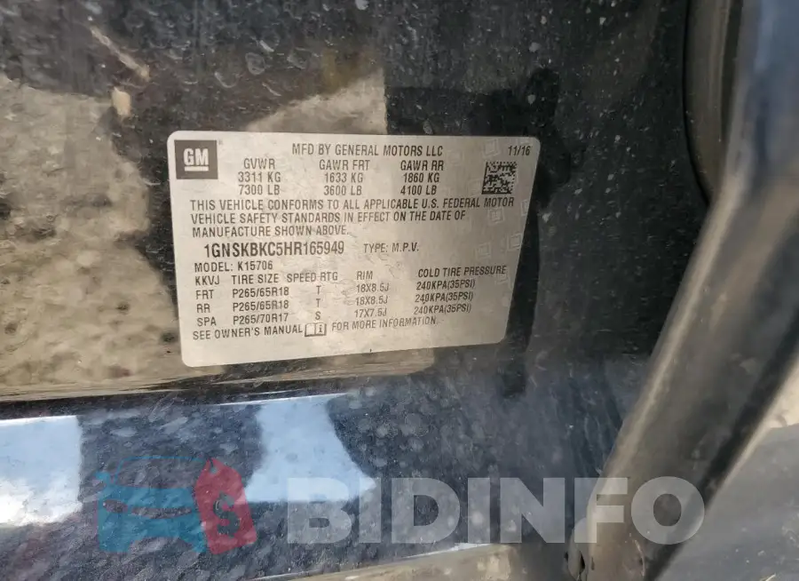 1GNSKBKC5HR165949 Photo# 14