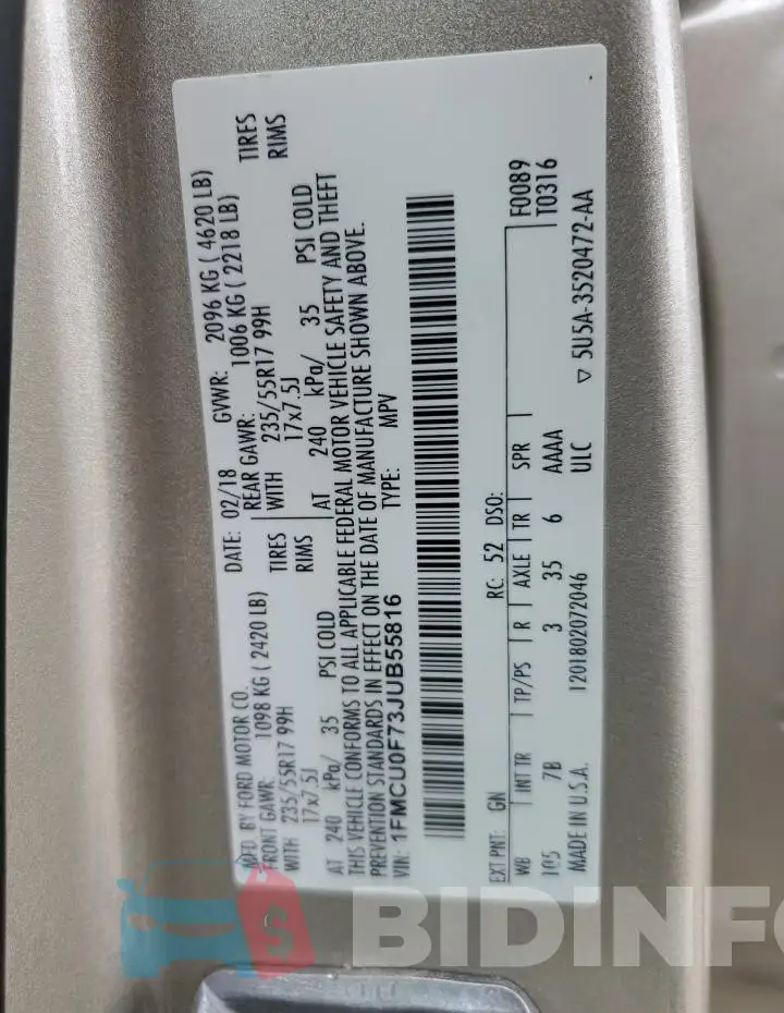 1FMCU0F73JUB55816 Photo# 13