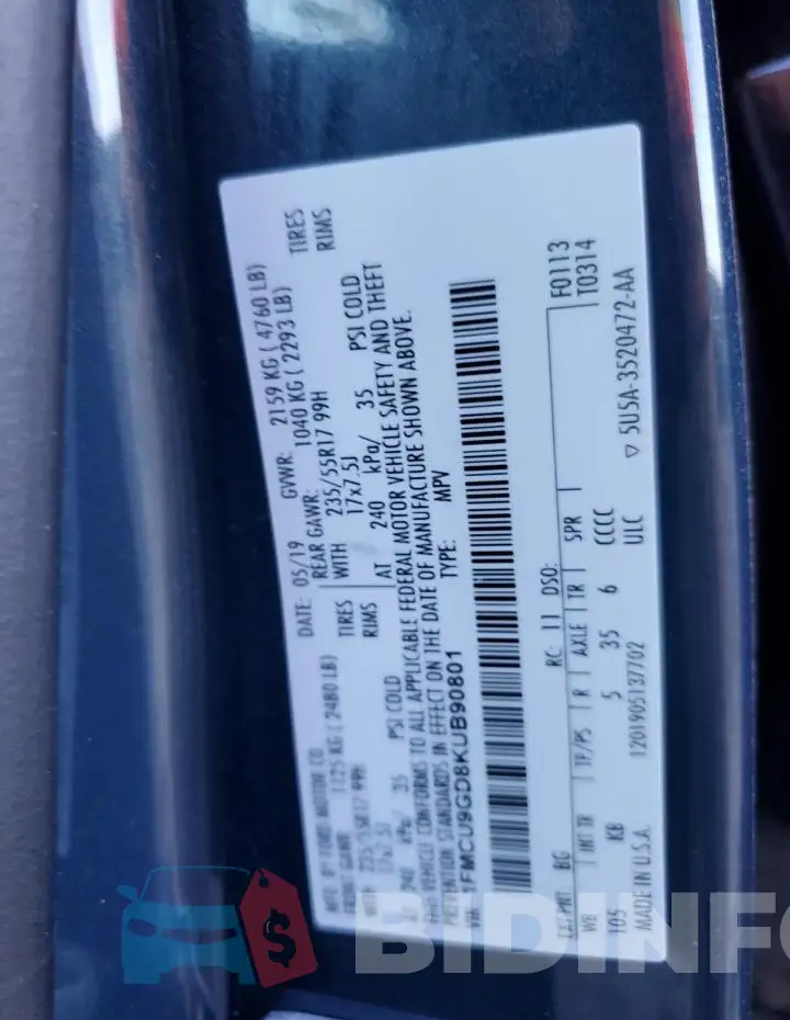 1FMCU9GD8KUB90801 Photo# 13