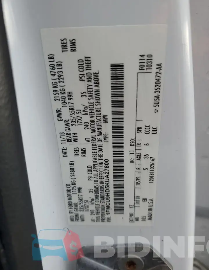 1FMCU9HD5KUA27800 Photo# 13