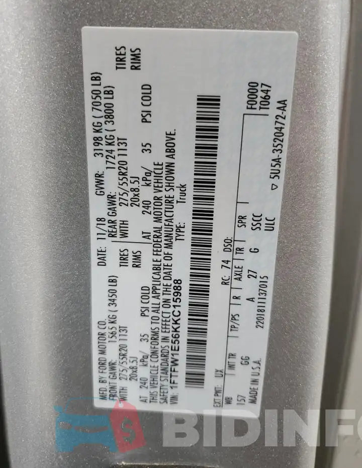1FTFW1E56KKC15988 Photo# 12
