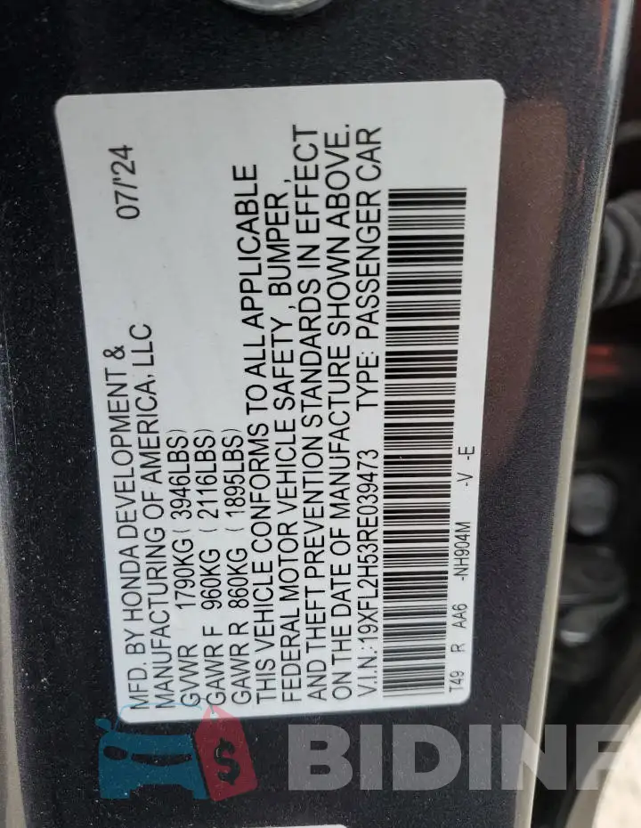 19XFL2H53RE039473 Photo# 12