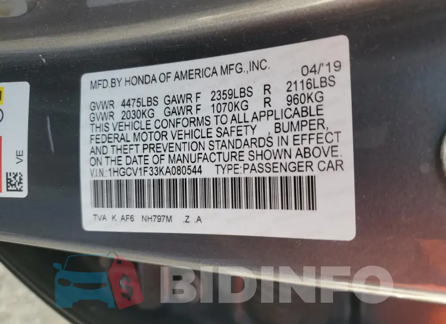 1HGCV1F33KA080544 Photo# 12