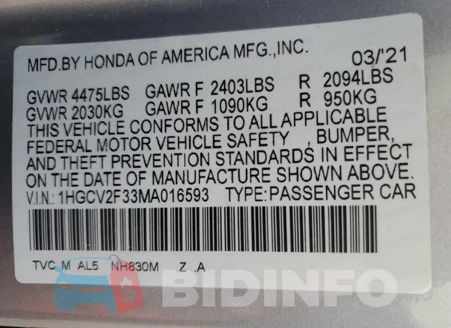 1HGCV2F33MA016593 Photo# 13