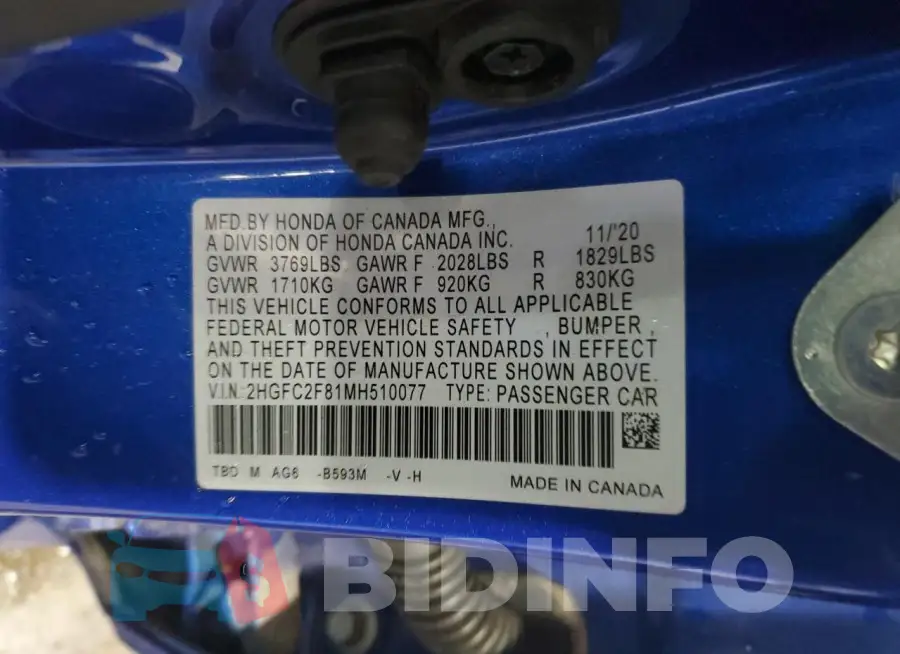 2HGFC2F81MH510077 Photo# 12