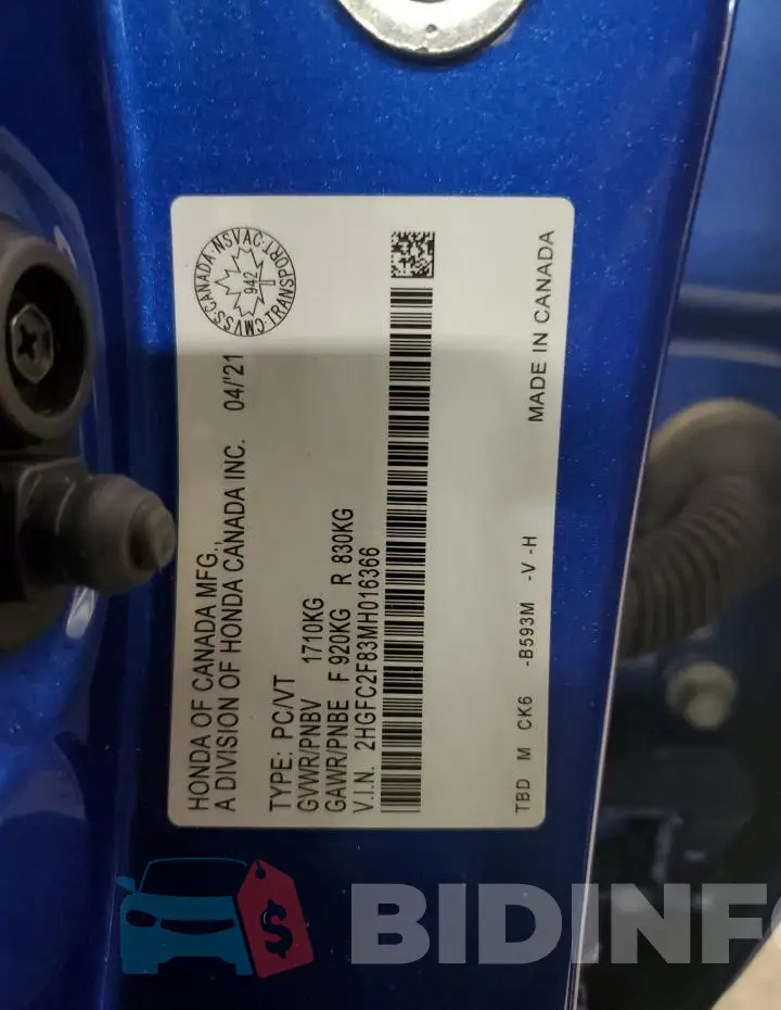 2HGFC2F83MH016366 Photo# 13