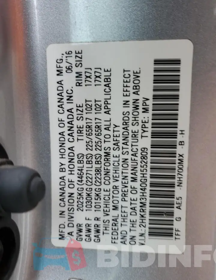 2HKRM3H40GH552809 Photo# 13