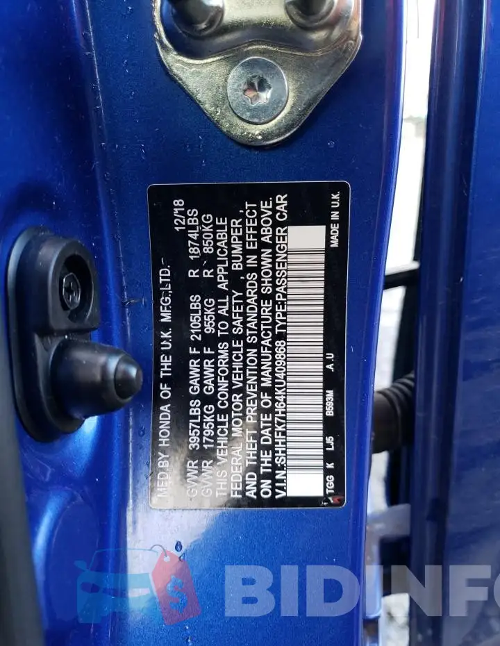 SHHFK7H64KU409868 Photo# 12