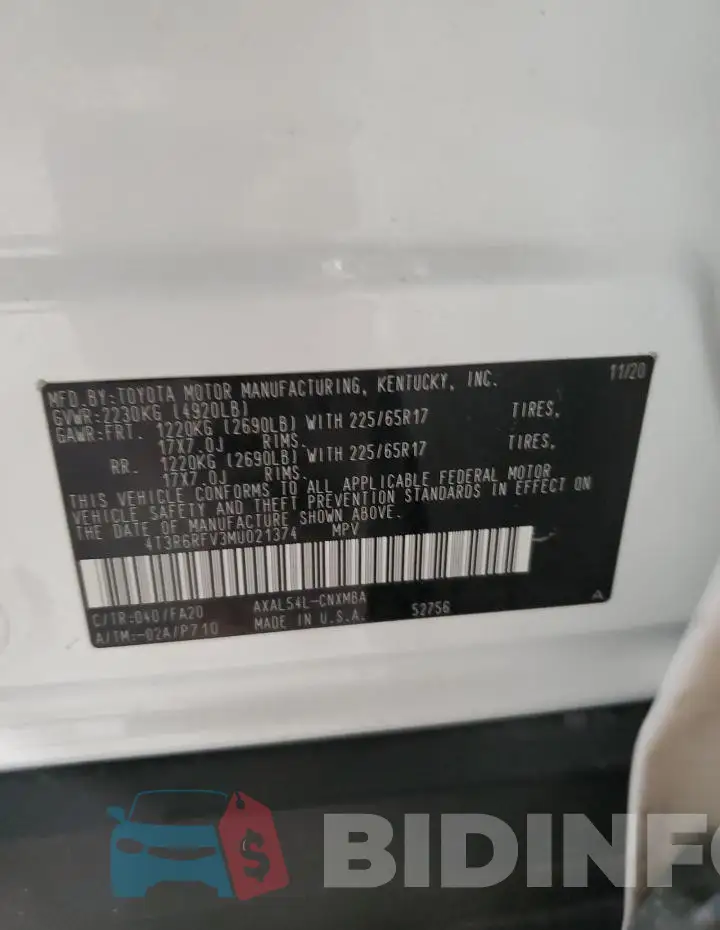 4T3R6RFV3MU021374 Photo# 14