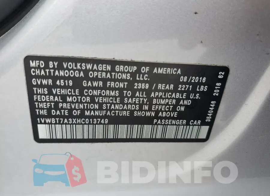 1VWBT7A3XHC013749 Photo# 13