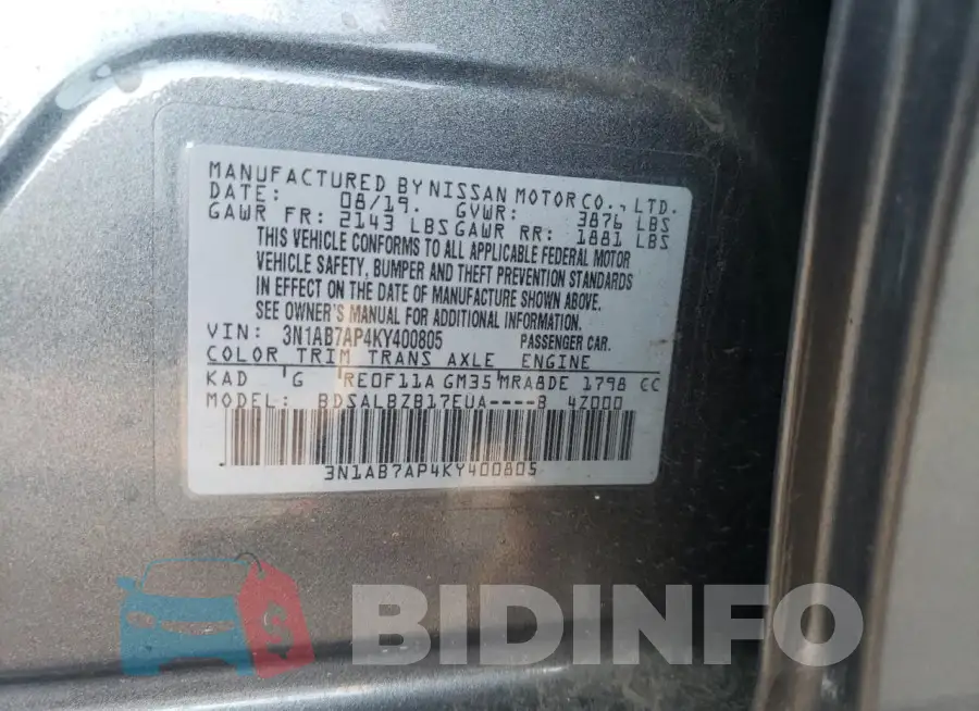 3N1AB7AP4KY400805 Photo# 12