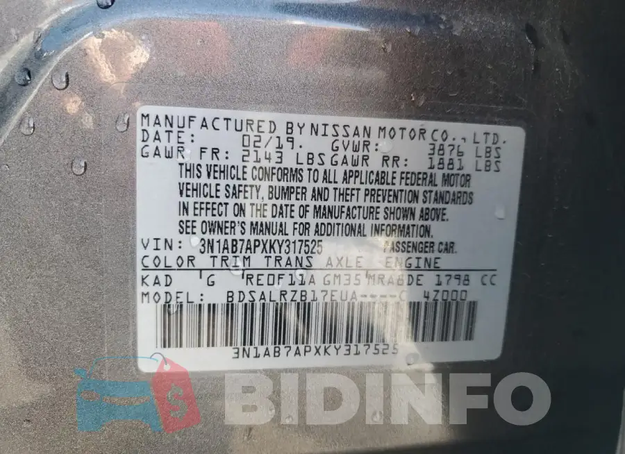 3N1AB7APXKY317525 Photo# 12