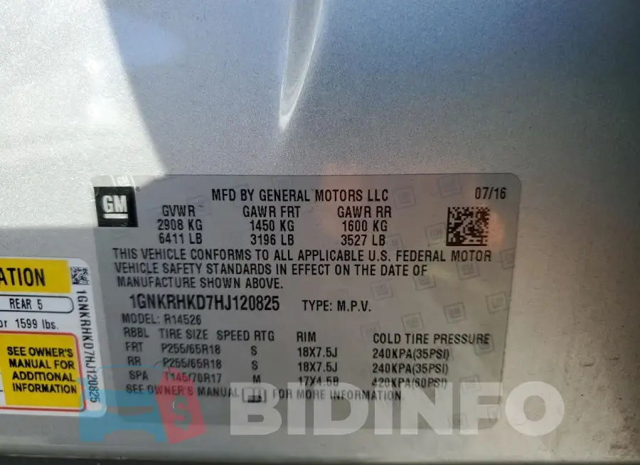 1GNKRHKD7HJ120825 Photo# 13