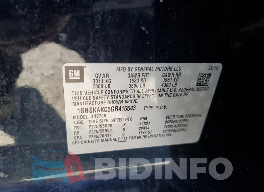 1GNSKAKC5GR416543 Photo# 13