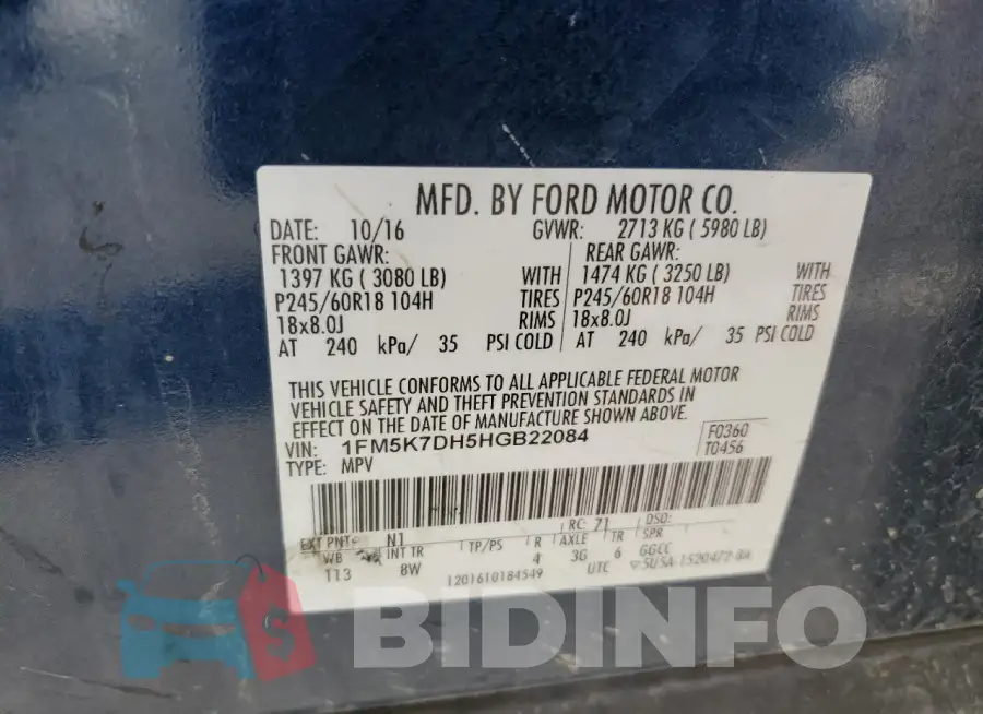 1FM5K7DH5HGB22084 Photo# 13