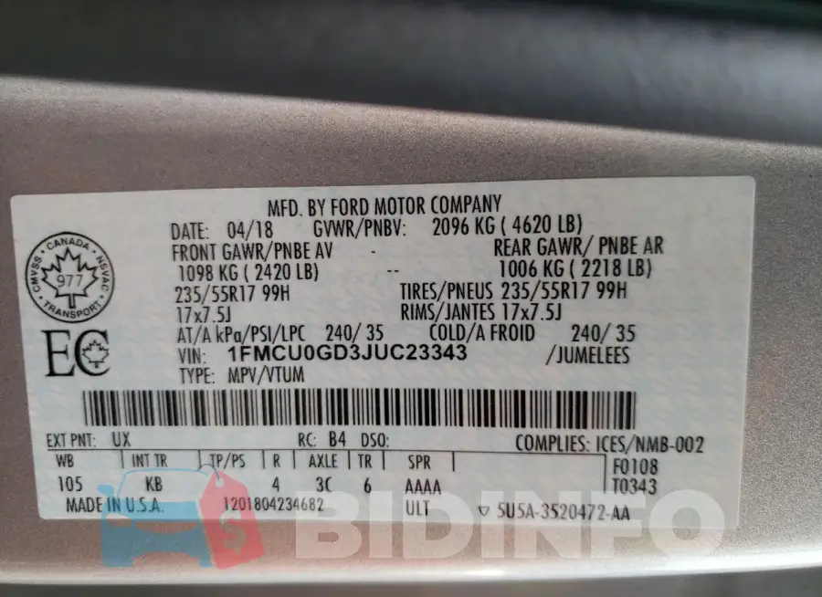 1FMCU0GD3JUC23343 Photo# 13