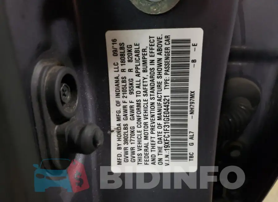 19XFC1F31GE044521 Photo# 12