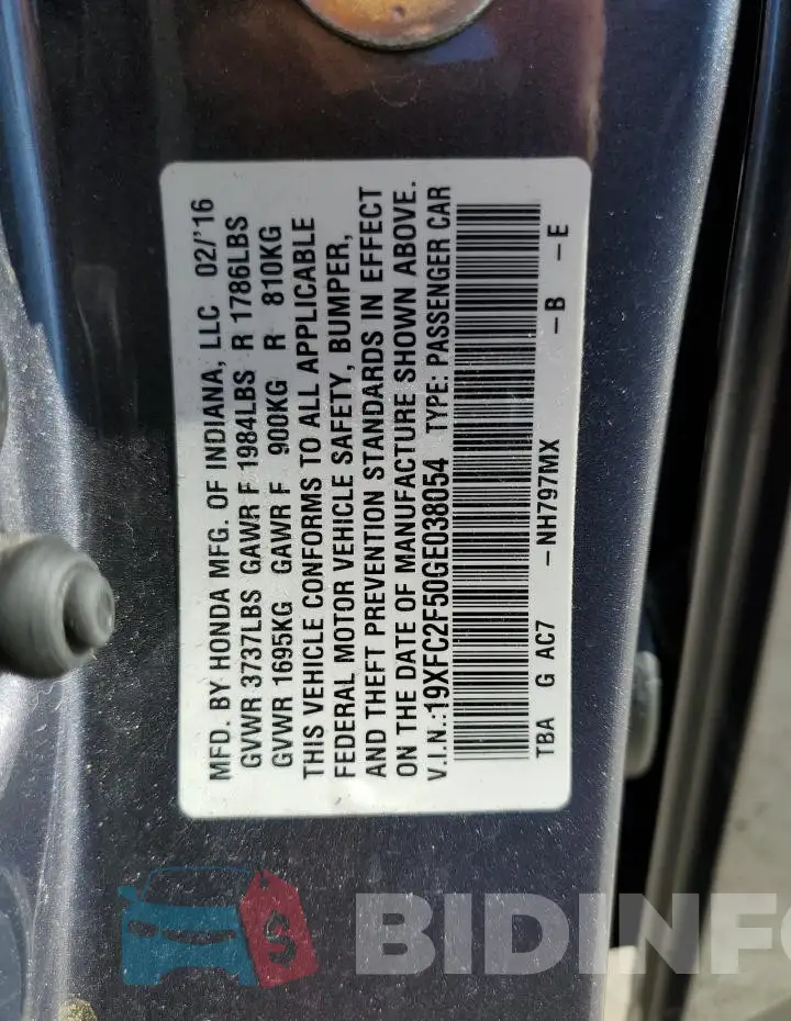 19XFC2F50GE038054 Photo# 13