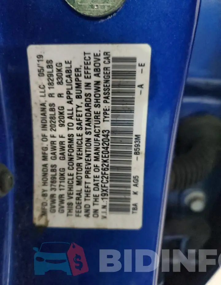 19XFC2F62KE042043 Photo# 12