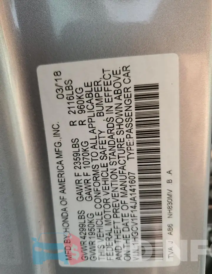 1HGCV1F14JA141607 Photo# 12