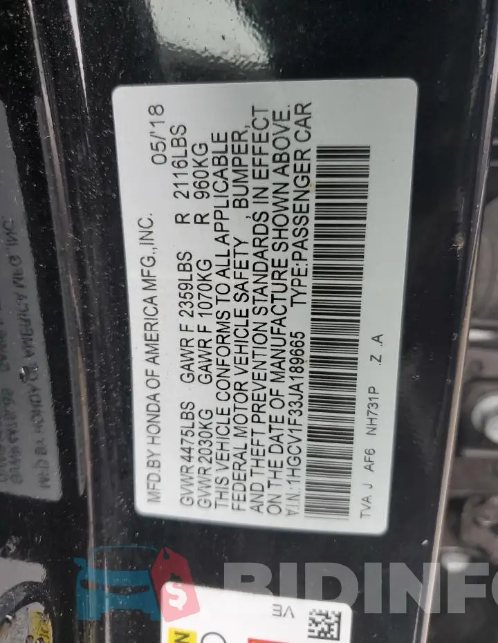 1HGCV1F33JA189665 Photo# 12