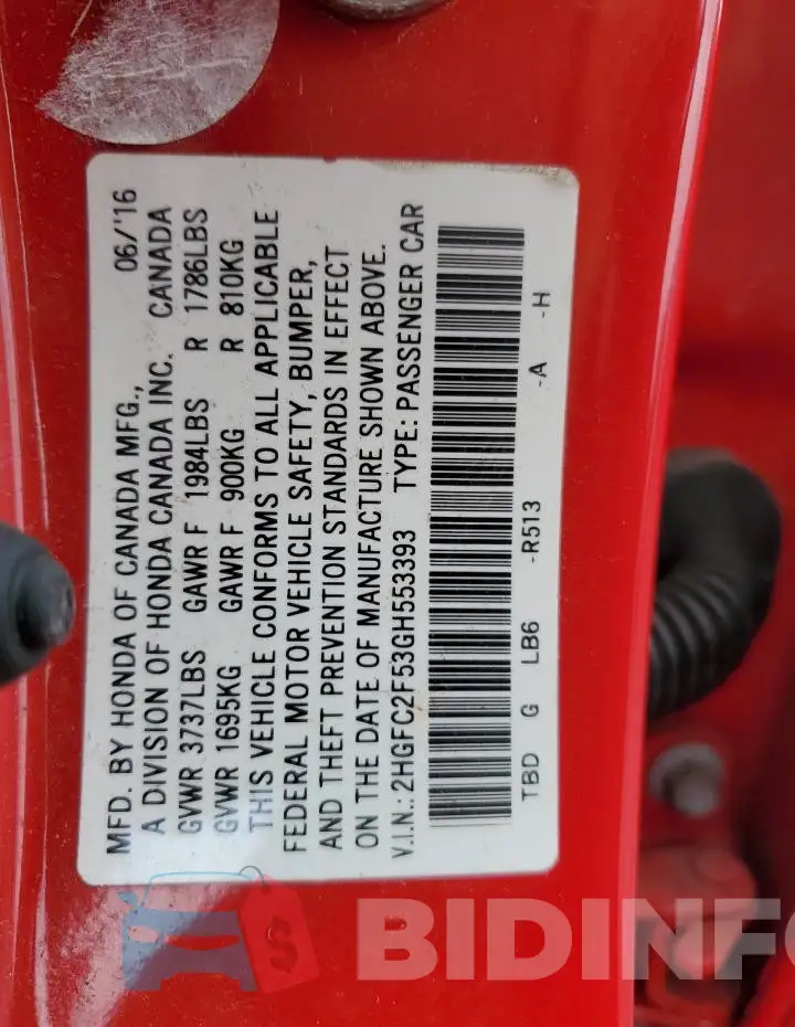 2HGFC2F53GH553393 Photo# 12